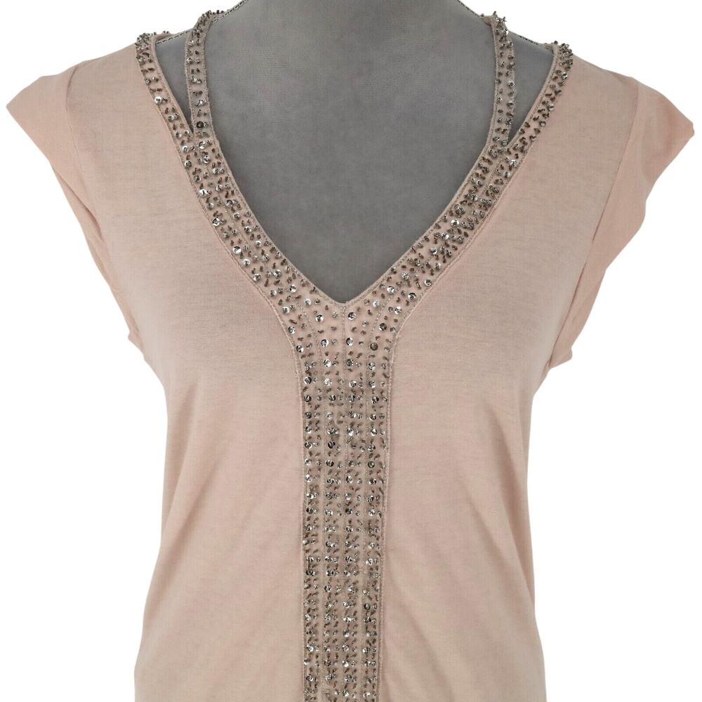 Loft Top Womens Medium Pale Pink Blouse Rhinestones Stretch Knit T-shirt Coastal - Picture 6 of 12